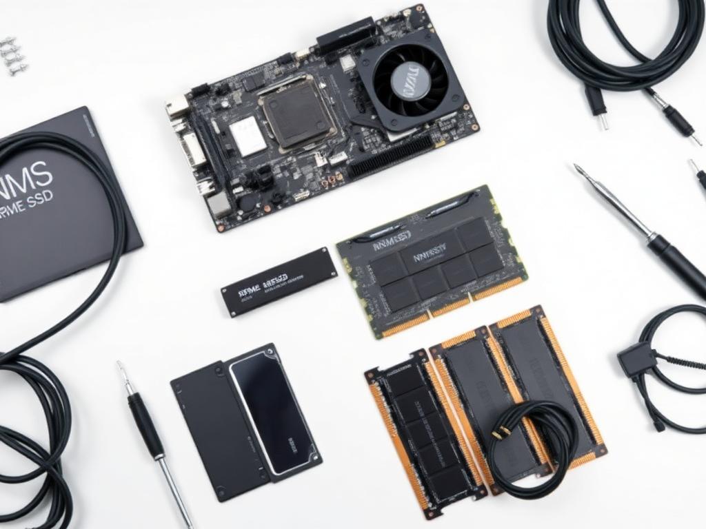 Assorted computer hardware components — motherboard, SSDs, RAM sticks and cables — laid out on a workbench